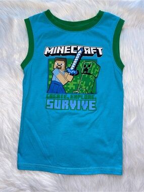 Kids Minecraft tank top boys M medium 7/8 7-8 blue green sleeveless top gamer